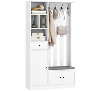 HOMCOM Meuble d'entrée 4 en 1, vestiaire d'entrée avec banc de rangement, étagère réglable, 4 crochets et compartiments ouverts, porte-manteau moderne pour couloir, chambre, salon, 100x30x180cm, blanc