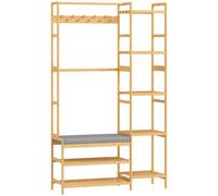 HOMCOM Meuble d'entrée en bambou, vestiaire d'entrée, banc, assise rembourrée, 10 crochets, tringle, 104x33x175cm, naturel