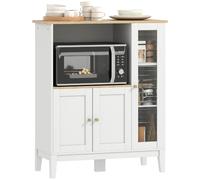 HOMCOM Meuble Micro-Ondes 1 Niche 80 x 35 x 97 cm Blanc et Aspect Bois | Armoire de Cuisine, Buffet, 3 Portes, Passe-Câbles, pour Cuisine, Salle à Manger, Salon, Verre Trempé