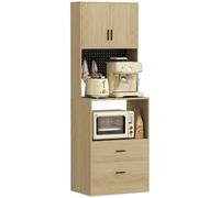HOMCOM Meuble Micro-Ondes 2 Tiroirs 2 Portes Plan de Travail Bois Naturel | Buffet, Armoire de Cuisine, Étagère Réglable, Panneau Perforé, 4 Crochets, Meuble de Rangement Salle à Manger, Salon