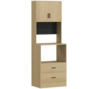 HOMCOM Meuble micro-ondes, buffet, 2 tiroirs, 2 portes, plan de travail, étagère réglable, panneau perforé, 4 crochets, naturel