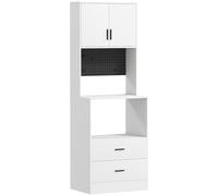 HOMCOM Meuble micro-ondes, buffet, 2 tiroirs, 2 portes, plan de travail, étagère réglable, panneau perforé, 4 crochets, blanc
