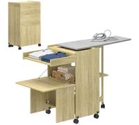HOMCOM Meuble planche à repasser pliable avec roulettes et porte-fer à repasser, meuble à repasser multifonction avec étagères, compartiment ouvert, pour buanderie, salle de bain, 154 x 55 x 87 cm