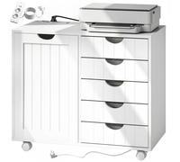 HOMCOM Meuble pour Imprimante avec Station de Charge et Roulettes 5 Tiroirs Ports USB Étagère Réglable Blanc