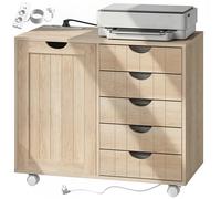HOMCOM Meuble pour Imprimante avec Station de Charge et Roulettes 5 Tiroirs Ports USB Étagère Réglable Bois naturel