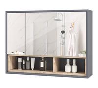 HOMCOM Meuble salle de bain avec miroir, armoire toilettes murale avec placards à 3 portes et 8 compartiments, gris