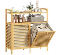 HOMCOM Meuble salle de bain avec panier à linge, armoire salle de bain en bambou avec 2 paniers en tissu amovibles et 2 étagères, corbeille à linge, pour toilette, buanderie, 82x33x88cm, bois naturel