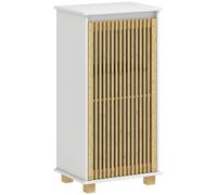 HOMCOM Meuble salle de bain avec panier à linge, porte à lattes en bambou et sac amovible, blanc et effet bois naturel