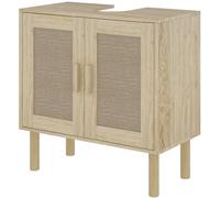 HOMCOM Meuble salle de bain sous lavabo meuble sous lavabo portes en rotin pieds bois de pin 2 niveaux 60 x 30 x 60 cm chêne