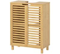 HOMCOM Meuble sous Lavabo en Bambou, Meuble de Salle de Bain avec 2 Portes Persiennes, Étagère Réglable, Bois Naturel