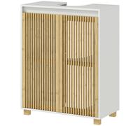 HOMCOM Meuble sous lavabo salle de bain - placard à portes à lattes en bambou, 60 x 30 x 75 cm, effet bois naturel
