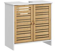 HOMCOM Meuble sous Vasque sous Lavabo 60 x 30 x 60 cm Naturel Blanc | Meuble de Salle de Bain, 2 Portes, Étagère Réglable, Armoire de Rangement, Bambou