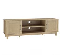 HOMCOM Meuble TV 135 cm, meuble télé pour téléviseur jusqu'à 65 pouces avec 2 portes en rotin, 2 compartiments ouverts, chêne