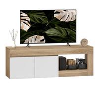 HOMCOM Meuble TV 140 cm, Meuble télé pour téléviseur jusqu'à 60 Pouces avec 2 Portes à Fermeture Douce et Compartiment Ouvert, Banc TV Moderne pour Salon, Chambre à Coucher, Effet Bois Naturel