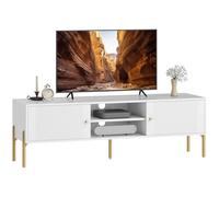 HOMCOM Meuble TV 140 cm, Meuble télé pour téléviseur jusqu'à 65 Pouces avec 2 Portes, 2 Compartiments Ouverts et Pieds en Acier, 2 Passe-câbles, Banc TV Moderne pour Salon, Chambre à Coucher, Blanc