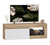 HOMCOM Meuble TV 140 cm pour Téléviseur jusqu'à 60 Pouces Bois Naturel | Meuble Télé, 2 Portes à Fermeture Douce, Compartiment Ouvert, Banc TV Moderne, Salon, Chambre à Coucher