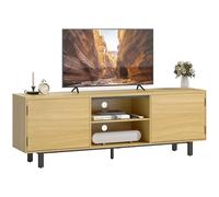 HOMCOM Meuble TV 160 cm, Meuble télé pour téléviseur jusqu'à 65 Pouces avec 2 Portes à Ouverture par Pression et 2 étagères Ouvertes, Pieds en métal, Banc TV pour Salon, Chambre, Bois Naturel