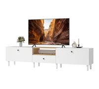 HOMCOM Meuble TV 200 cm pour téléviseurs jusqu'à 228,6 cm, 2 compartiments à abattant, étagère ouverte, tiroir, 8 pieds, panneau de particules, Blanc