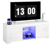HOMCOM Meuble TV avec LED, pour TV 55 pouces, blanc, 120x34x45cm | Tablette TV, LED 16 couleurs, meuble bas brillant, 2 portes, étagère en verre, gestion câbles, pour salon