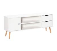 HOMCOM Meuble TV Banc TV Scandinave 110cm Placard 2 Niches Blanc Bois Pin | 2 Tiroirs, Passe-Fils, Panneaux Particules, Rangement
