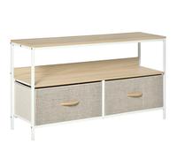 HOMCOM Meuble TV Bas sur Pieds Style Industriel 2 tiroirs en Tissu Gris Bois Naturel et métal Blanc