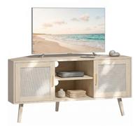 HOMCOM Meuble TV d'angle 115 cm pour Téléviseur jusqu'à 65 Pouces Chêne | Meuble Télé, 2 Portes en Rotin, 2 Compartiments Ouverts, Pieds en Bois de Pin, Style Bohème, Banc TV, pour Salon, Chambre
