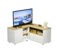 HOMCOM Meuble TV d'angle Banc télévision jusqu'à 40 Pouces avec rangements Aspect Bois Clair et Blanc