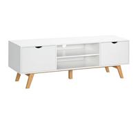 HOMCOM Meuble TV moderne grand plateau 2 armoires à porte et 2 niches ouvertes pied en bois hévéa 150 x 39 x 50 cm blanc