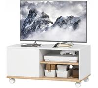 HOMCOM Meuble TV sur roulettes avec freins, meuble TV avec armoire et étagère réglable, blanc et chêne