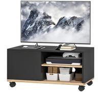 HOMCOM Meuble TV sur roulettes avec freins, meuble TV avec placard et étagère réglable, Noir et Chêne