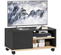 HOMCOM Meuble TV sur roulettes Noir et chêne 80x45x41 cm | Meuble, gestion des câbles, étagère réglable, support TV pour TV jusqu'à 32 pouces, console TV
