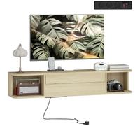 HOMCOM Meuble TV Suspendu 120 cm 50 Pouces USB Type-C Effet Bois Naturel | Meuble Télé, Prises Électriques, Tiroir, Étagères, Passe-Câbles, Banc TV Mural, pour Salon