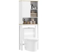 HOMCOM Meuble WC Dessus de Toilette Porte Cannelée 65 x 25 x 170 cm Blanc | Meuble Toilettes WC Rangement, Armoire Salle de Bain, Compartiments Ouverts, Étagère Réglable