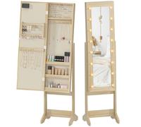 HOMCOM Miroir-aramoire à bijoux avec éclairage LED Armoire pour bijoux Armoire à bijoux sur pied avec miroir pleine longueur Angle réglable Bois naturel