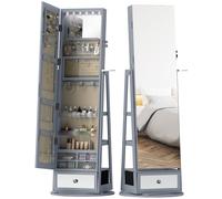 HOMCOM Miroir-coffre à bijoux avec LED Armoire à bijoux avec miroir pleine longueur Pivotant à 360° Tiroir Serrure Gris clair