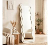 Miroir pleine longueur - HOMCOM - 160 x 60 cm - miroir ondulé sur pied ou mural - cadre effet velours et verre trempé - crème