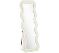 HOMCOM Miroir Pleine Longueur 160 x 60 cm, Miroir Ondulé sur Pied ou Mural, Cadre Effet Velours et Verre Trempé, Crème