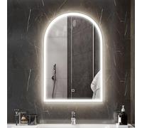 HOMCOM Miroir salle de bain 90 x 60 cm, miroir mural arqué, miroir salle de bain avec éclairage LED, lumière réglable 3 couleurs, anti-buée, mémoire, interrupteur tactile, cadre en aluminium - doré
