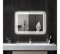 HOMCOM Miroir salle de bain Bluetooth avec éclairage LED 50 x 70 cm, miroir lumineux mural, horloge, antibuée, 3 couleurs lumière, dimmable, mémoire, interrupteur tactile, verre trempé, IP44, argenté
