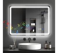 HOMCOM Miroir salle de bain Bluetooth avec éclairage LED 50 x 70 cm, miroir lumineux mural avec horloge, antibuée, argenté