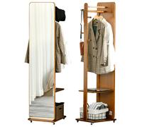 Miroir sur pied - HOMCOM - avec roulettes portant 4 patères étagère rangement dressing - MDF - aspect noyer