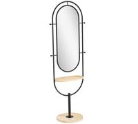 HOMCOM Miroir sur pied ovale avec plateau en bois, 4 crochets et cadre en métal, 50 x 40 x 175,5 cm, noir