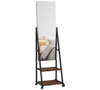 HOMCOM Miroir sur pied rectangulaire miroir de sol roulant avec angle réglable 2 étagères 4 roulettes noir et brun rustique