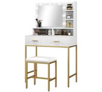 HOMCOM Mobile Coiffeuse avec Miroir, 2 Tiroirs, 5 Étagères et Tabouret, en MDF et Panneau de Particules, 80x40x138 cm, Blanc
