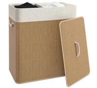 HOMCOM Panier à linge double 100 L, corbeille à linge sale en bambou avec couvercle, poignées en corde, doublure amovible pour salle de bain, chambre à coucher, buanderie, marron