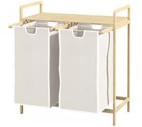 HOMCOM Panier à linge en bambou 2 paniers amovibles et coulissants en non-tissé 63,5 x 33 x 73 cm crème