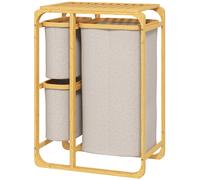 HOMCOM Panier à Linge en Bambou avec 3 Sacs et Plateaux Amovibles en Tissu, 50x32x69,7 cm, couleur Bambou et Crème