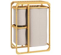 HOMCOM Panier à linge gain de place 50x32x69.7cm Bambou et Crème | Panier à linge élégant, 3 sacs, étagères en tissu, bambou