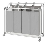 HOMCOM Panier à linge mobile, chariot linge sale, corbeille à roulettes avec 4 sacs amovibles, 4 x 40L, 97 x 38 x 81 cm, gris