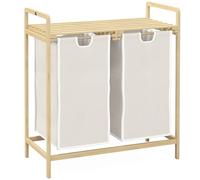 HOMCOM Panier à linge panier de rangement corbeille à linge bac linge sale en bambou 2 paniers amovibles et coulissants en non-tissé - 63,5 x 33 x 73 cm crème